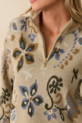 When You're Ready Beige Floral Jacquard Half-Zip Mock Neck Sweater