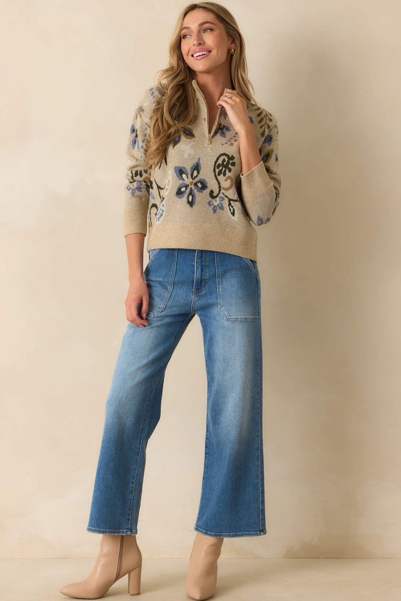 When You're Ready Beige Floral Jacquard Half-Zip Mock Neck Sweater