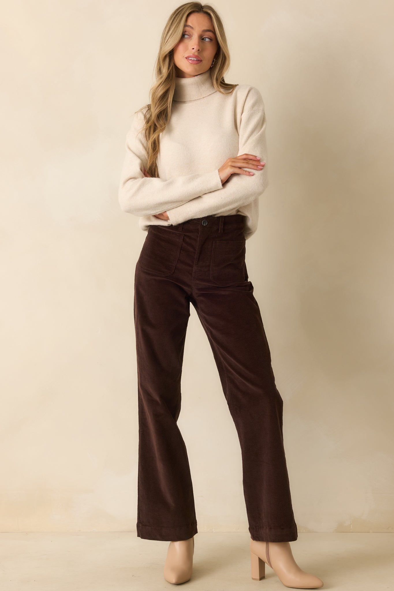 For The Best Light Beige Knit Long Sleeve Turtleneck Sweater