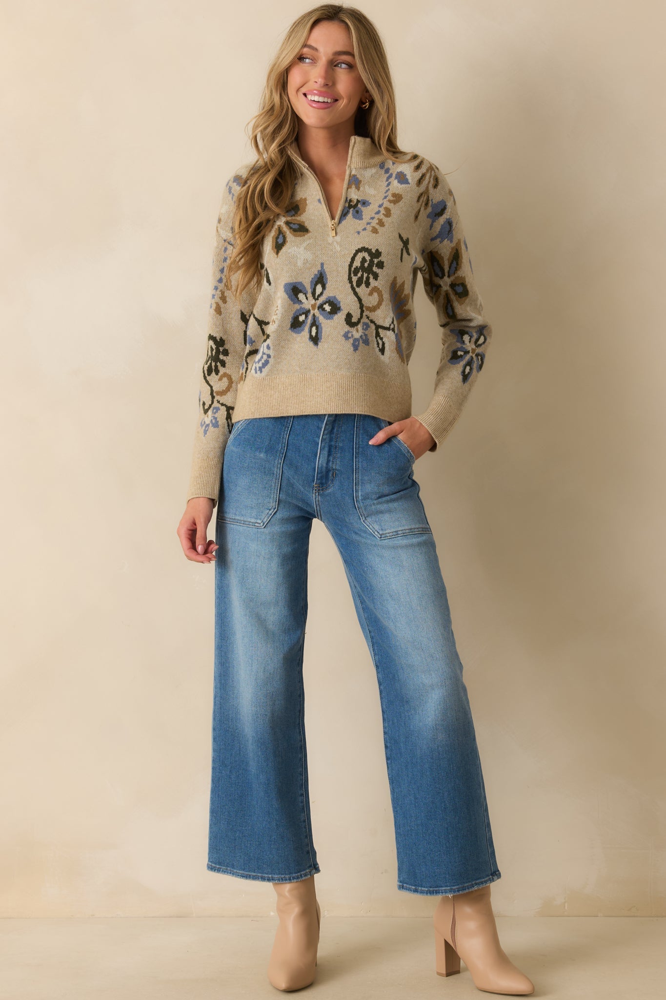 When You're Ready Beige Floral Jacquard Half-Zip Mock Neck Sweater