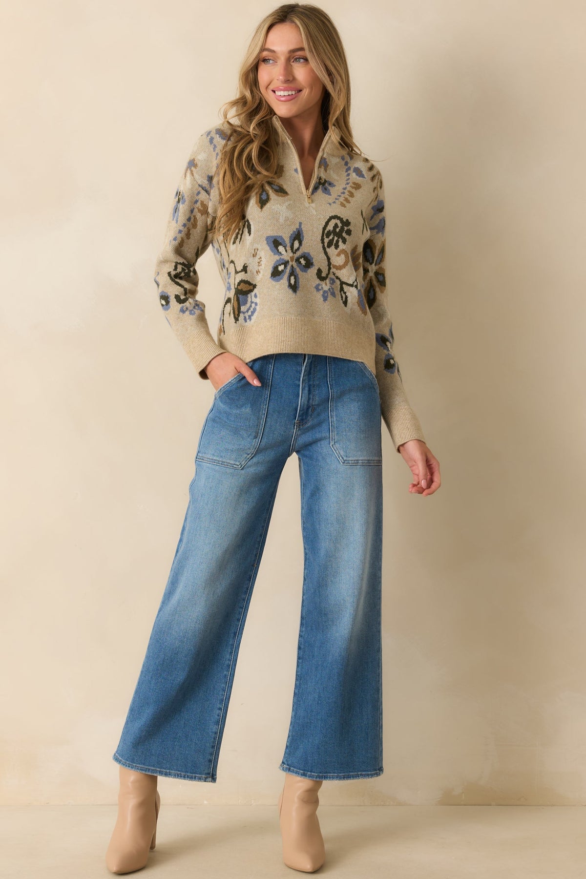 When You're Ready Beige Floral Jacquard Half-Zip Mock Neck Sweater