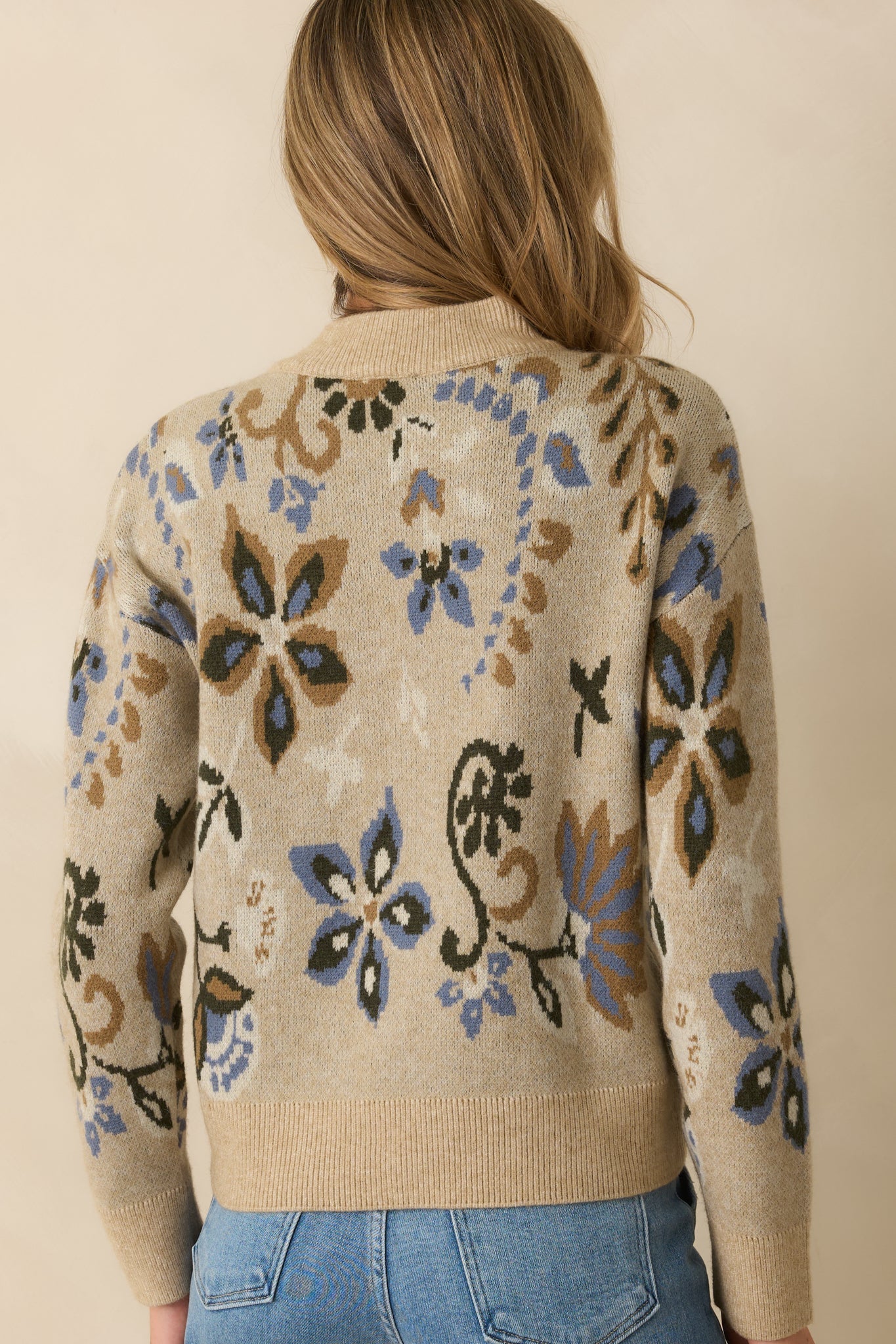 When You're Ready Beige Floral Jacquard Half-Zip Mock Neck Sweater