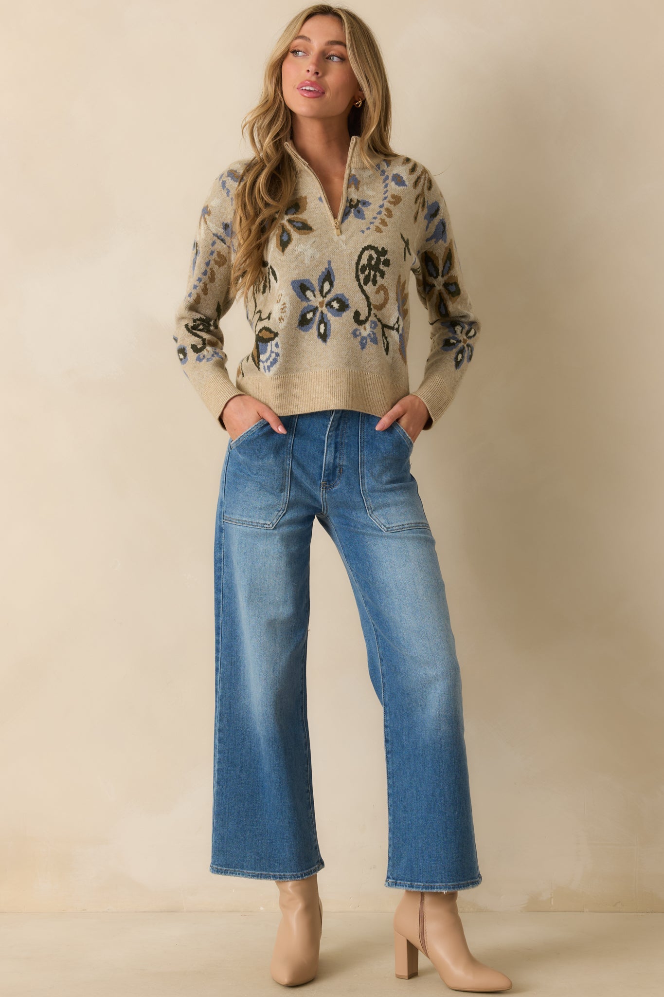 When You're Ready Beige Floral Jacquard Half-Zip Mock Neck Sweater
