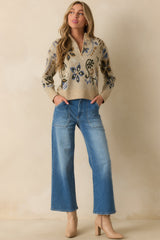 When You're Ready Beige Floral Jacquard Half-Zip Mock Neck Sweater