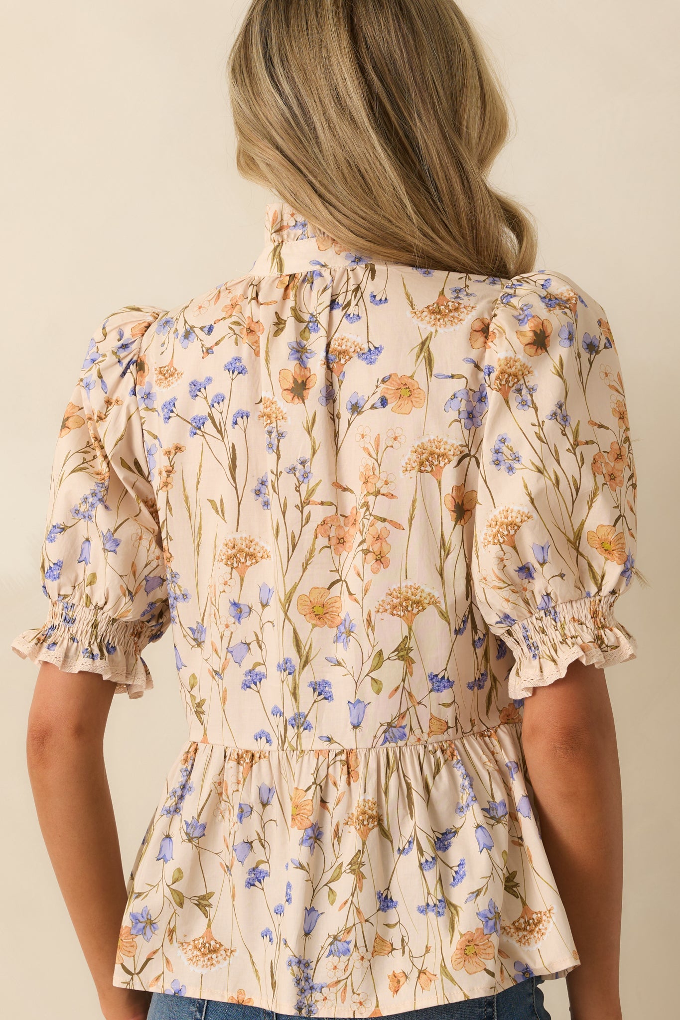 You Know Her Beige Multi Floral Print Cotton Peplum Top