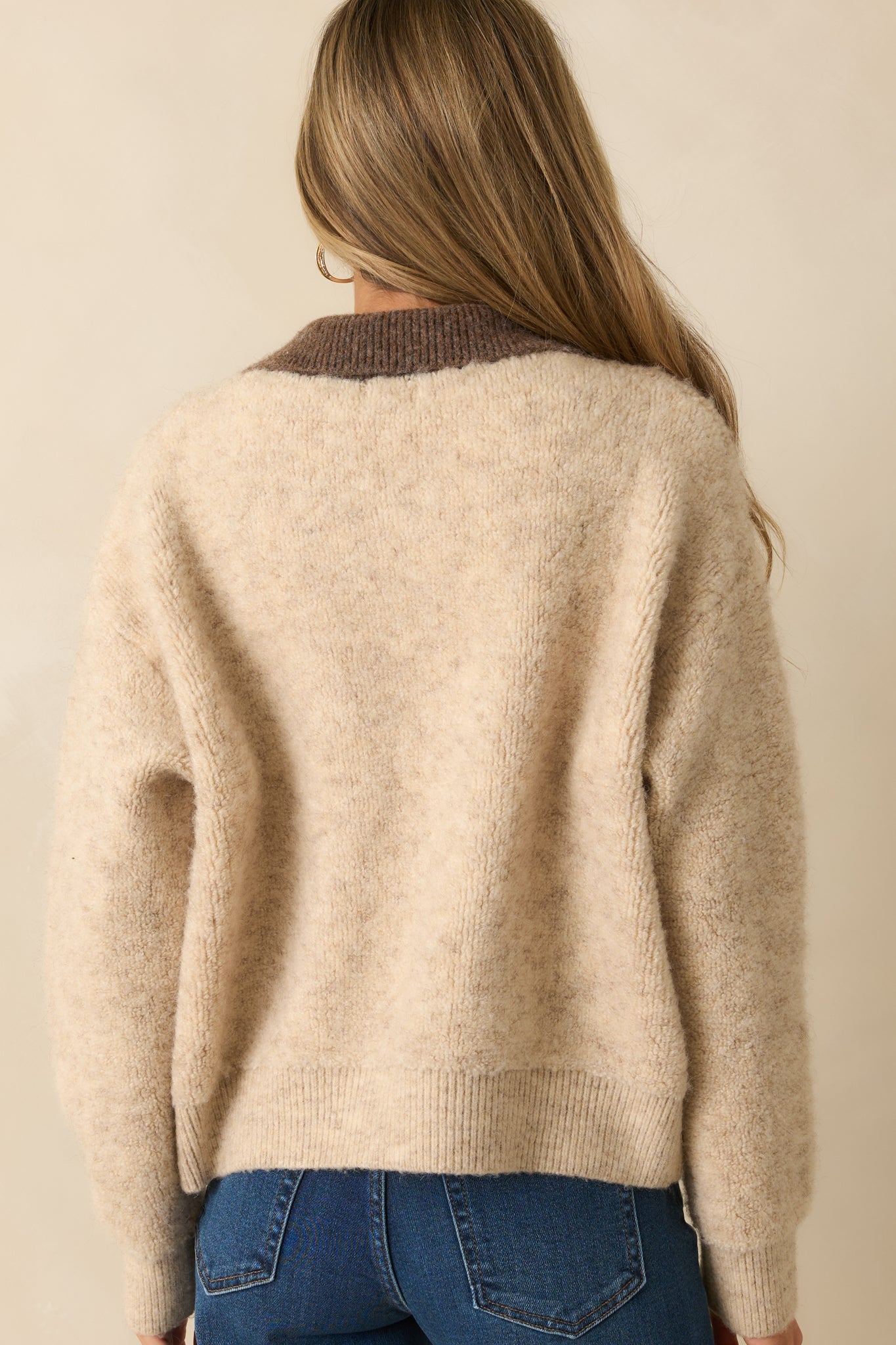 Might As Well Stay Beige Knit Contrast Collar Zip-Up Jacket