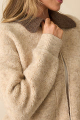 Might As Well Stay Beige Knit Contrast Collar Zip-Up Jacket