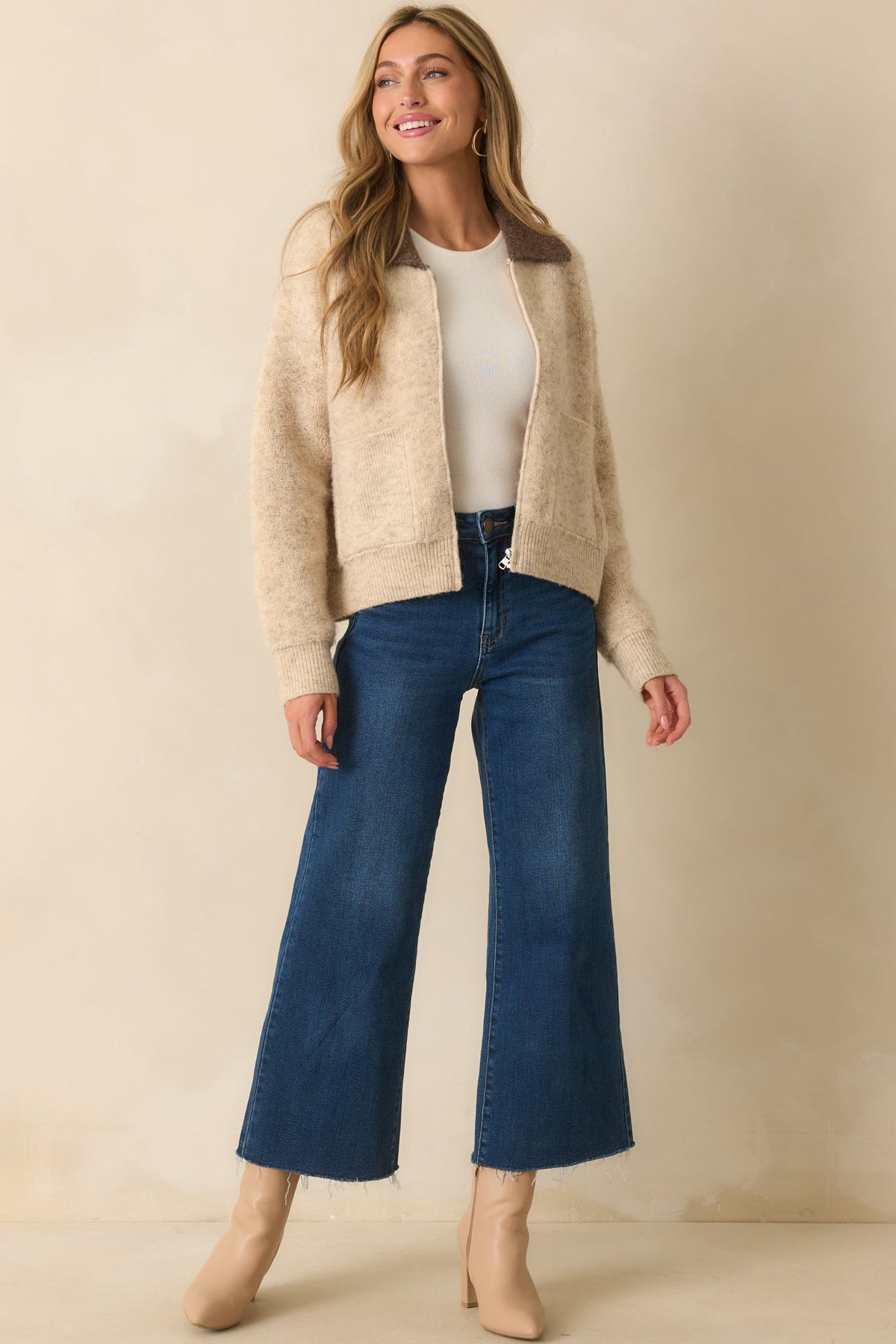 Might As Well Stay Beige Knit Contrast Collar Zip-Up Jacket