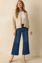 Might As Well Stay Beige Knit Contrast Collar Zip-Up Jacket