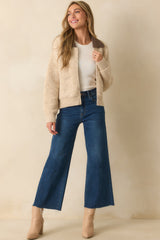 Might As Well Stay Beige Knit Contrast Collar Zip-Up Jacket