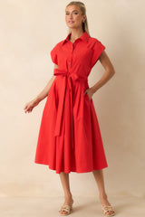 Prosperina Lana Cherry Red Cotton Button-Front Midi Dress