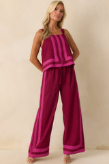 She Always Knows Berry Contrast Trim Linen Blend Wide Leg Pants