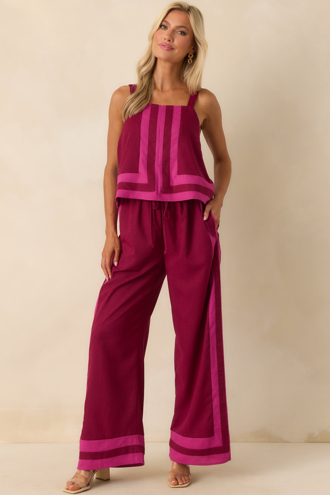 She Always Knows Berry Contrast Trim Linen Blend Wide Leg Pants