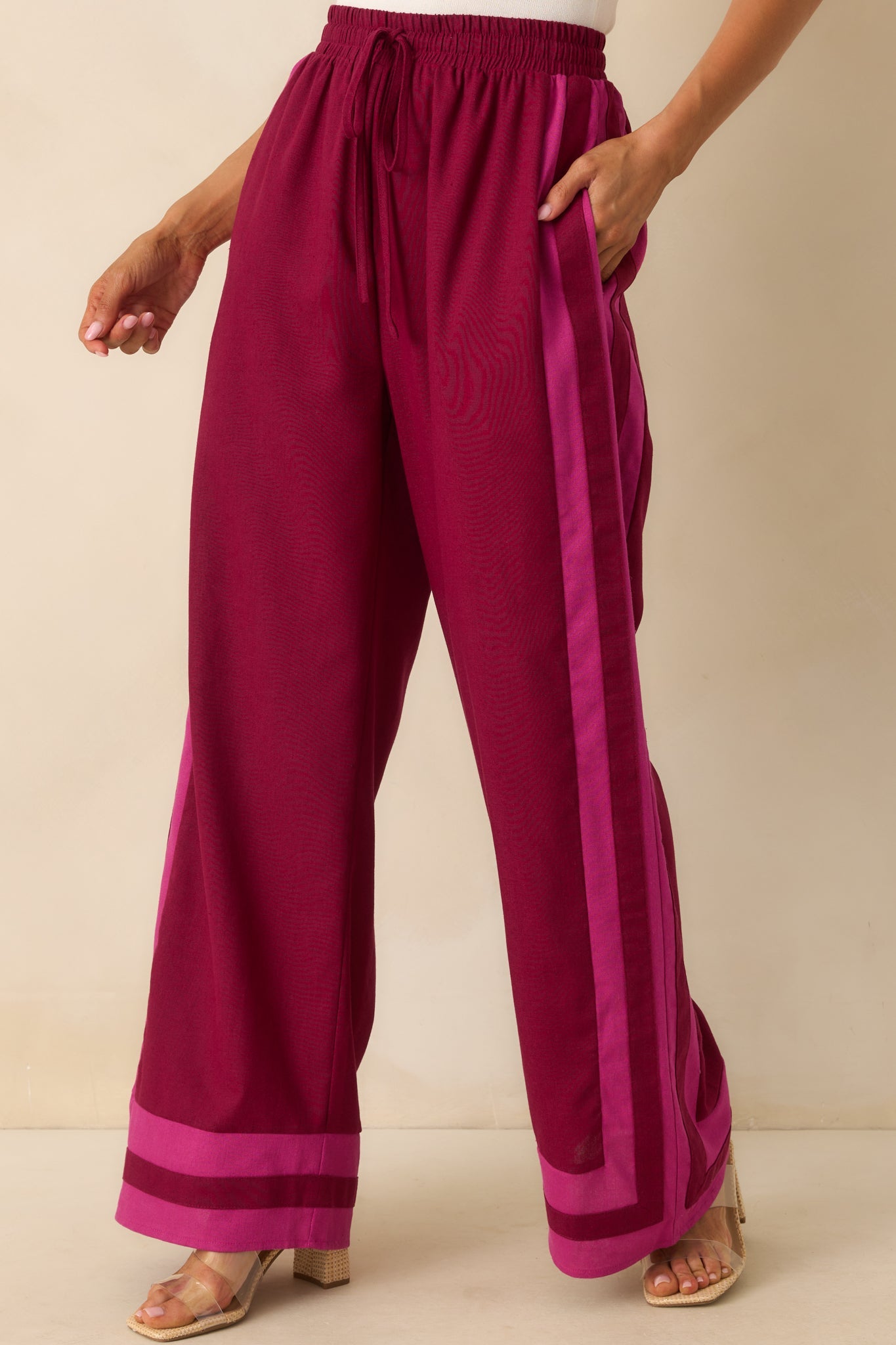 She Always Knows Berry Contrast Trim Linen Blend Wide Leg Pants