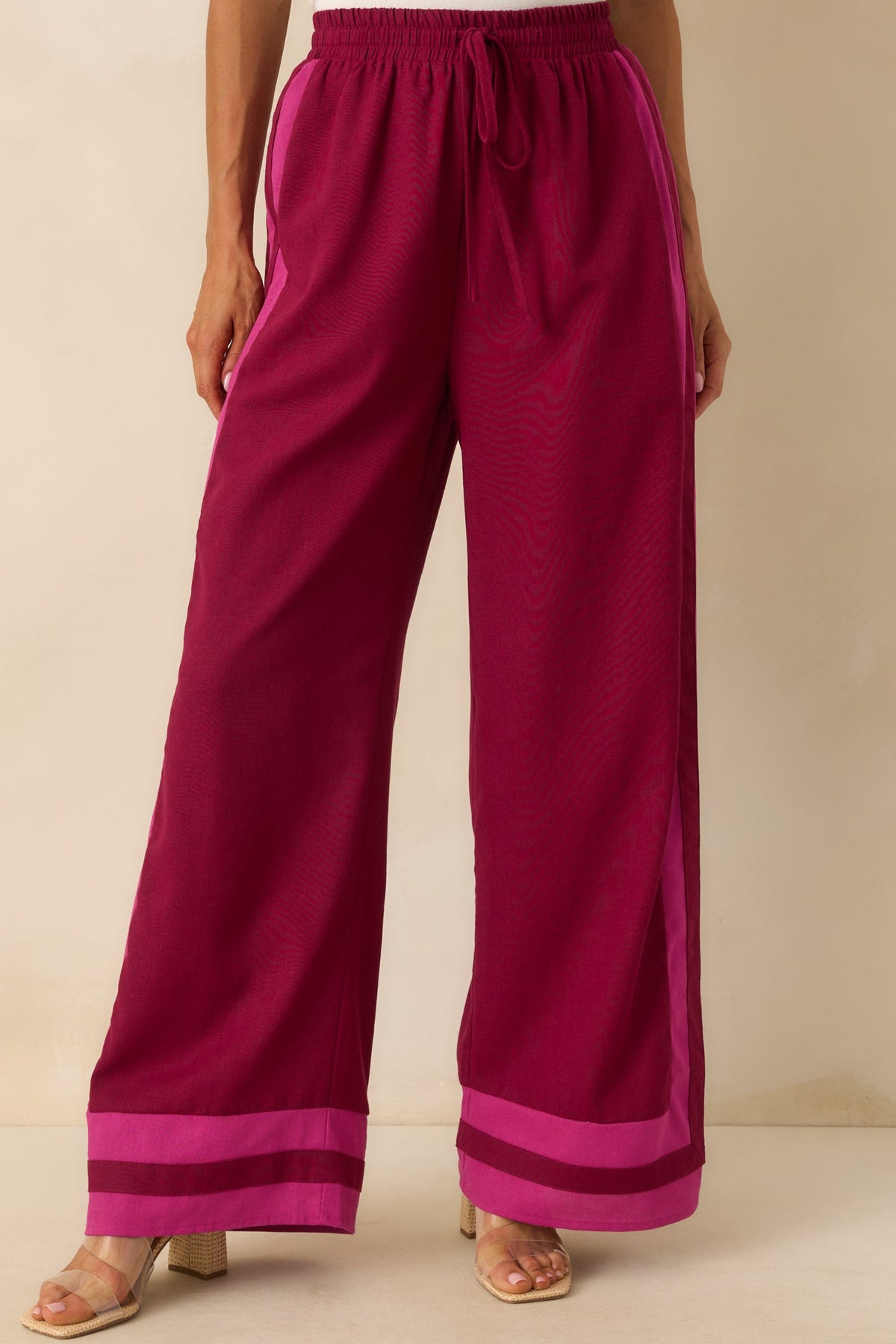She Always Knows Berry Contrast Trim Linen Blend Wide Leg Pants