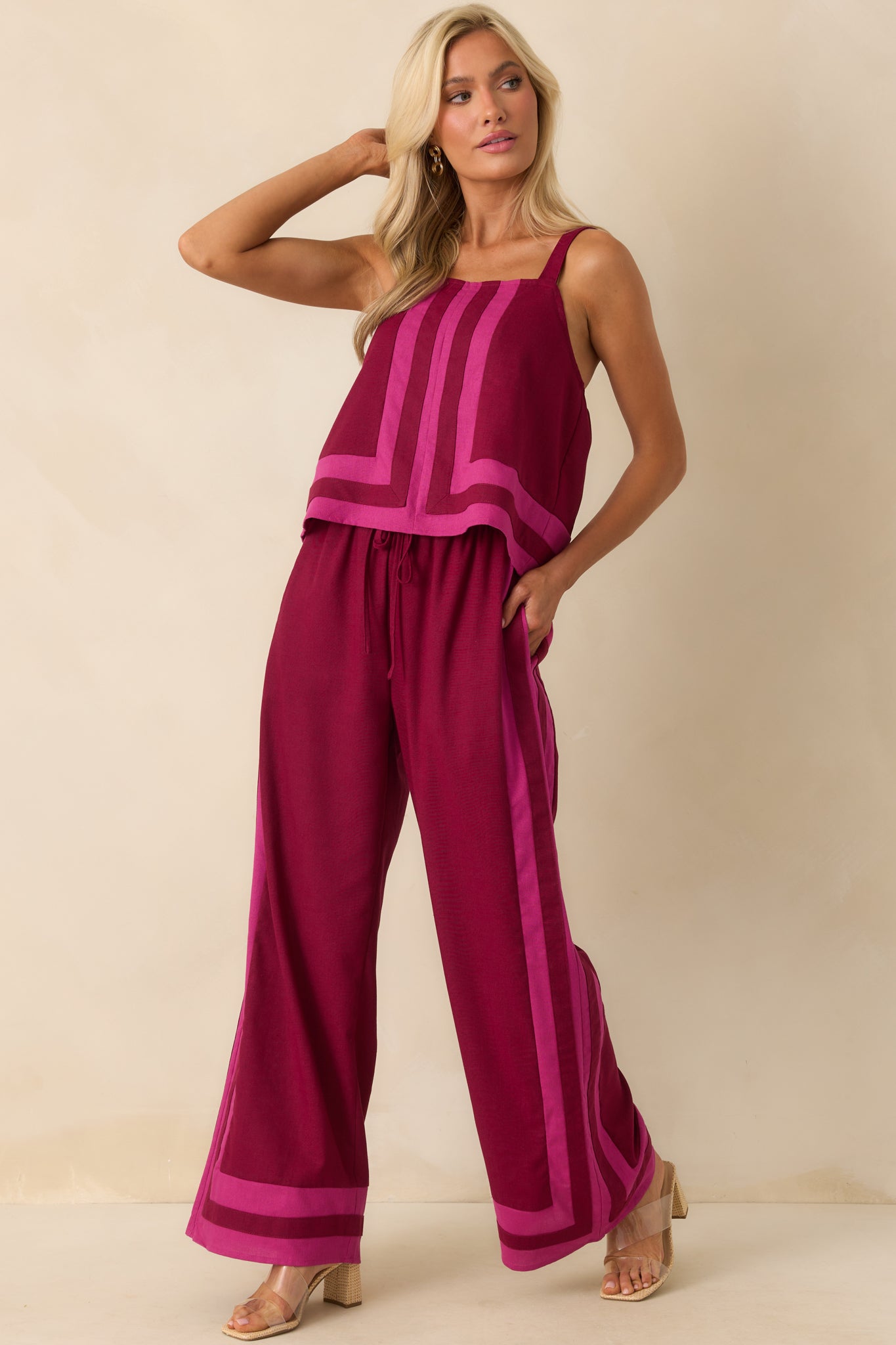 She Always Knows Berry Contrast Trim Linen Blend Wide Leg Pants