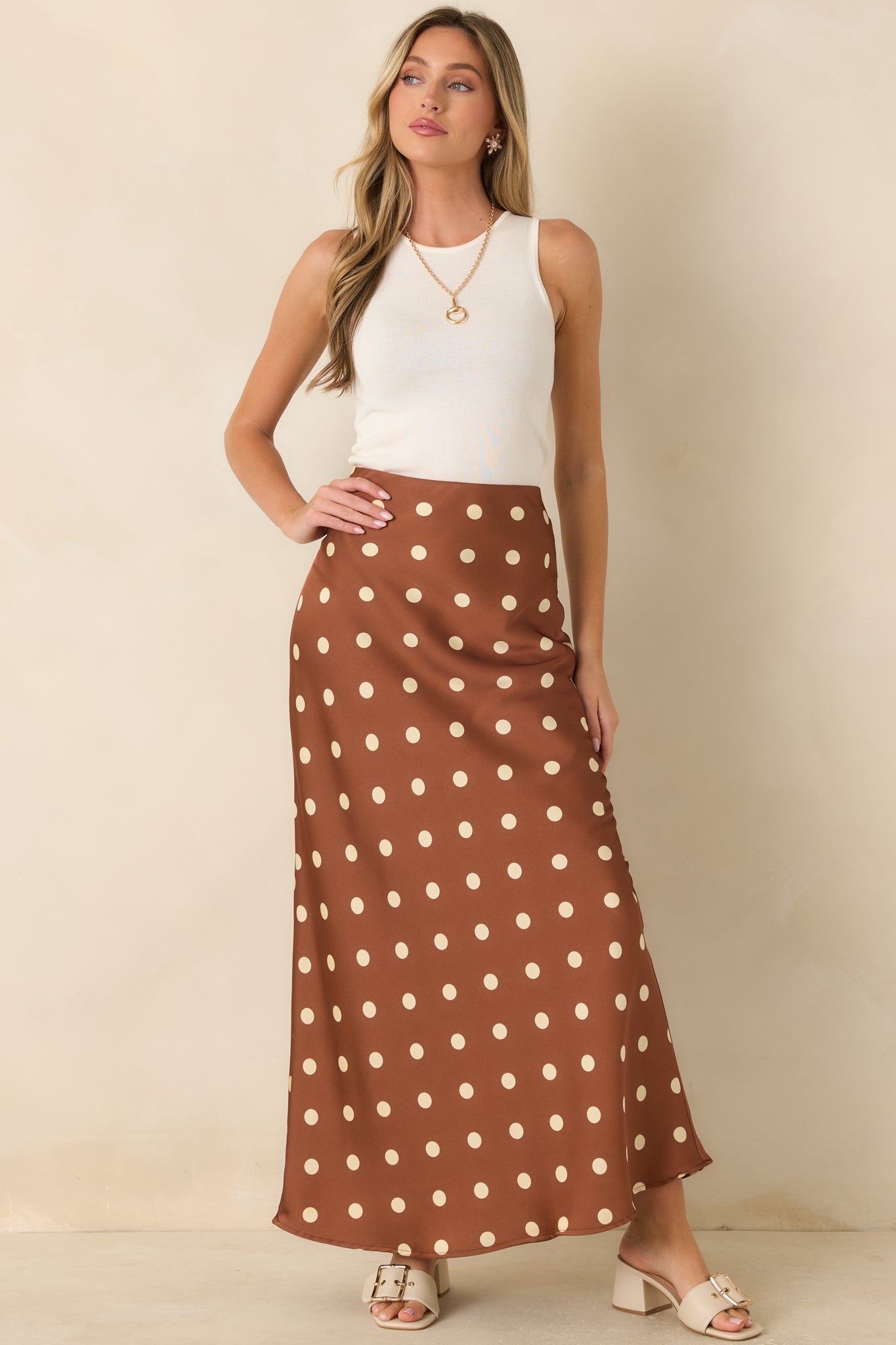 She's All Class Brown Polka Dot Satin Maxi Skirt