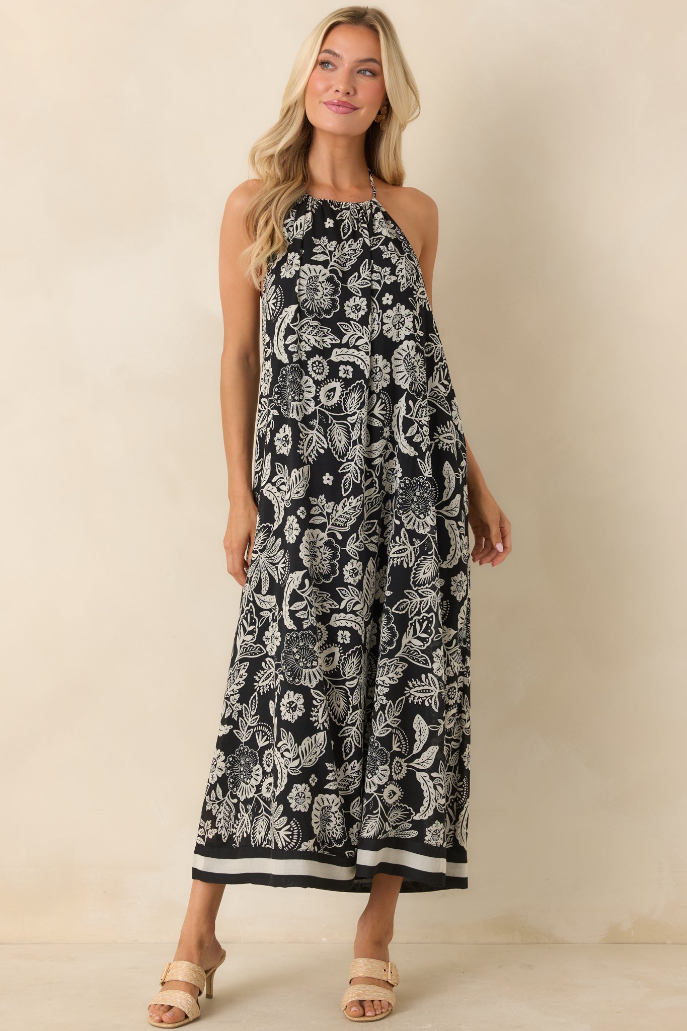 Z Supply Black & Ivory Viento Luz Floral Halter Midi Dress