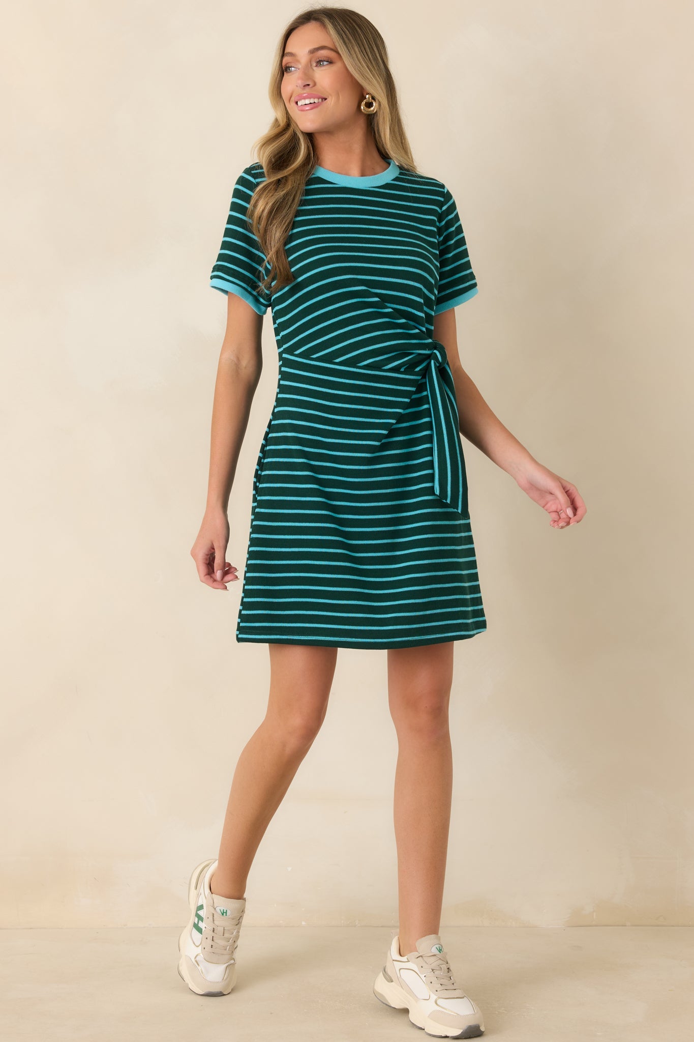 On Your Side Hunter Green & Blue Stripe Tie Mini Dress