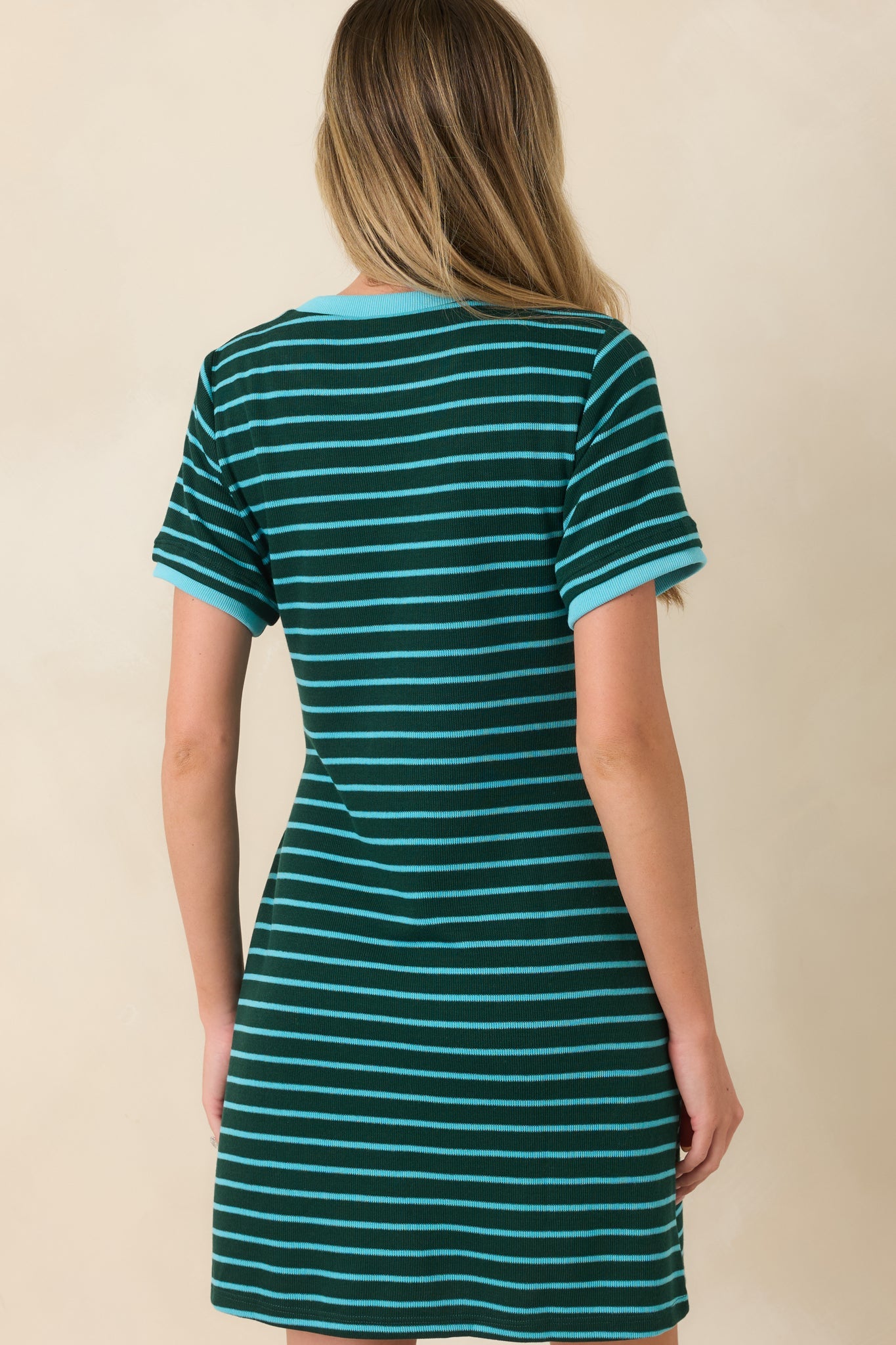 On Your Side Hunter Green & Blue Stripe Tie Mini Dress