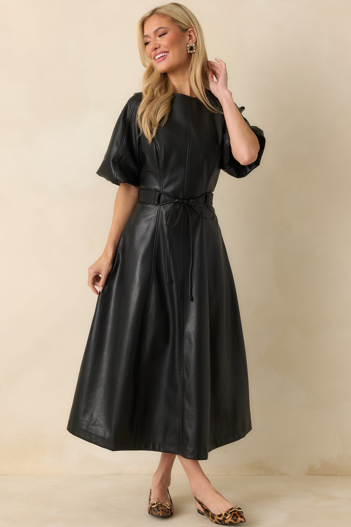 Something to Behold Black Faux Leather Short Sleeve Belted Midi Dress