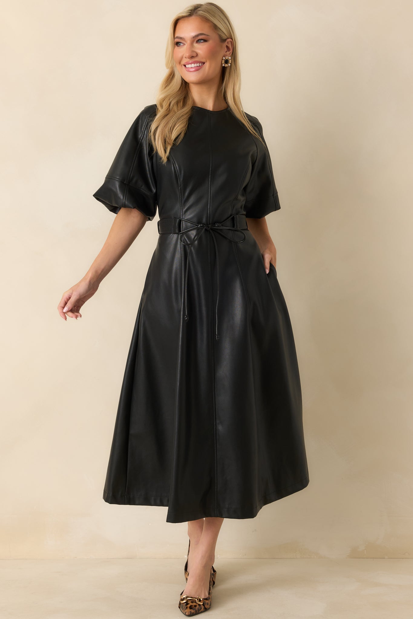 Something to Behold Black Faux Leather Short Sleeve Belted Midi Dress