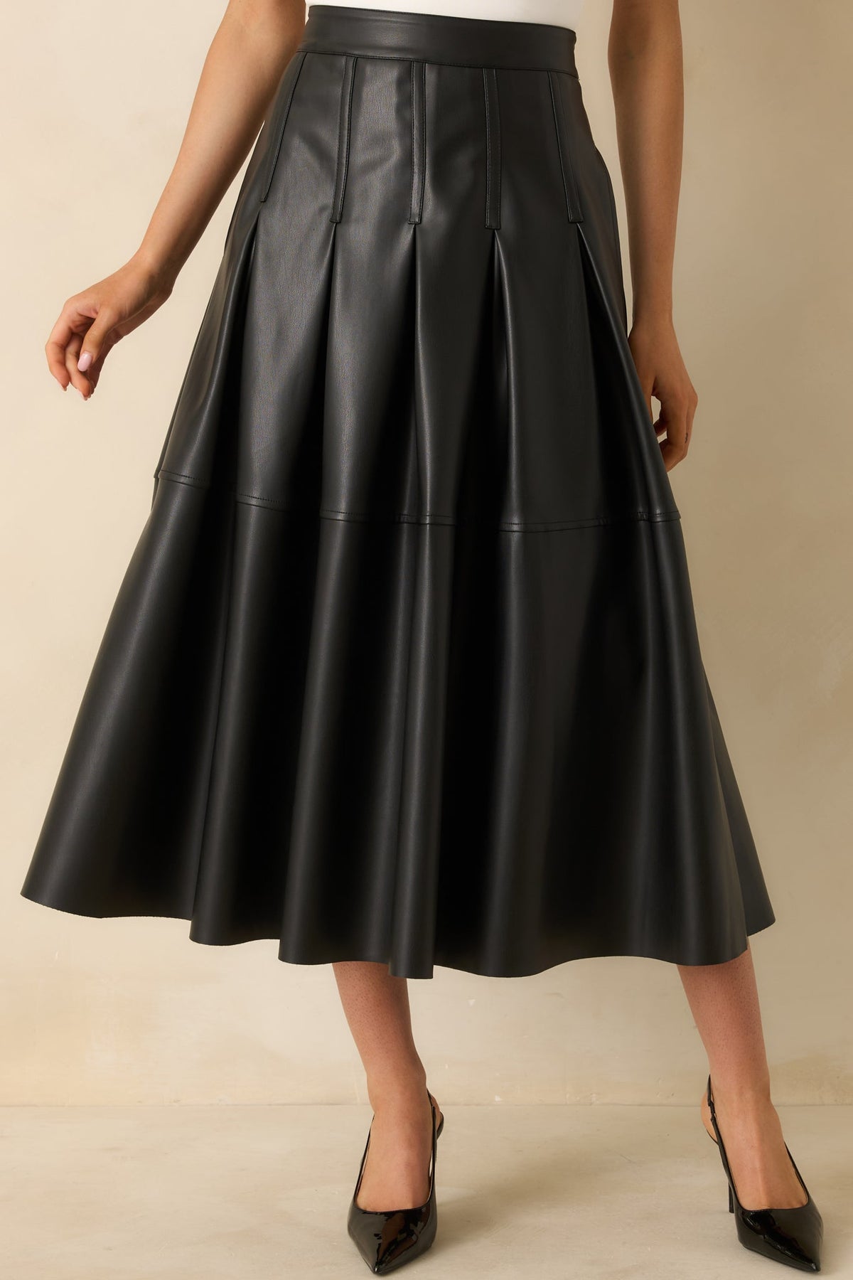 Cut To Perfection Black Faux Leather Pleated Midi Skirt