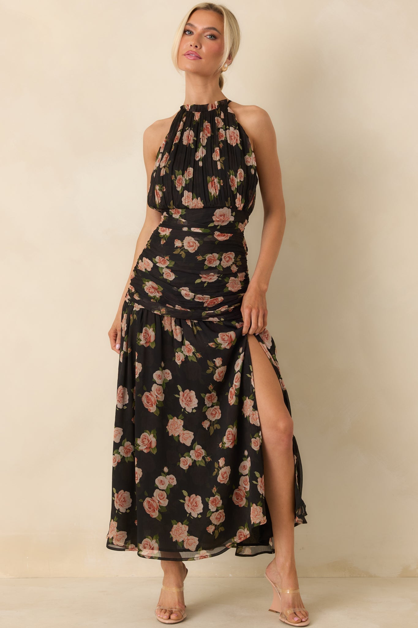All This Charm Black Multi Floral Pattern Gathered Chiffon Halter Maxi Dress