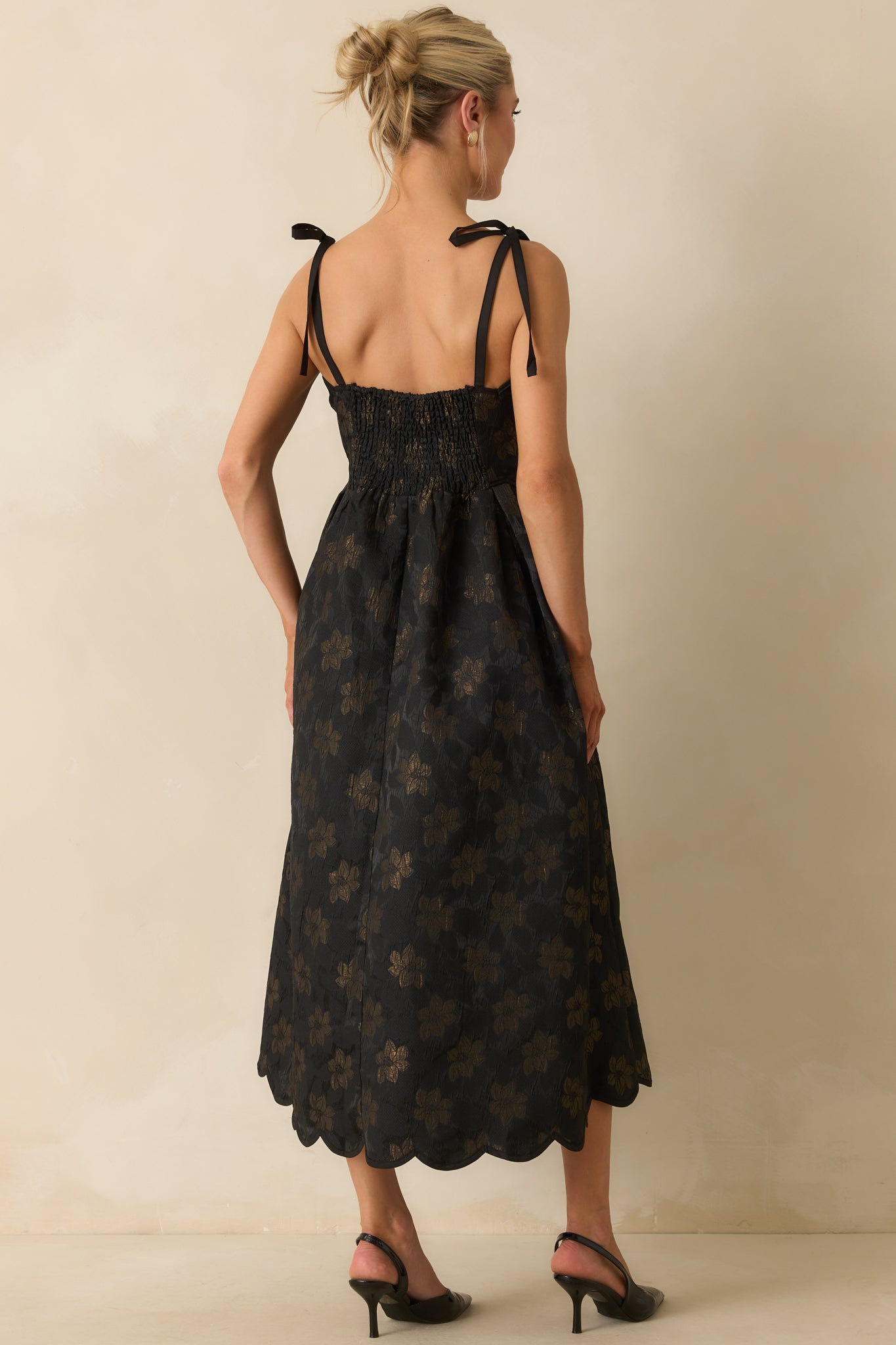 No Better Way Black Floral Jacquard Scallop Hem Midi Dress