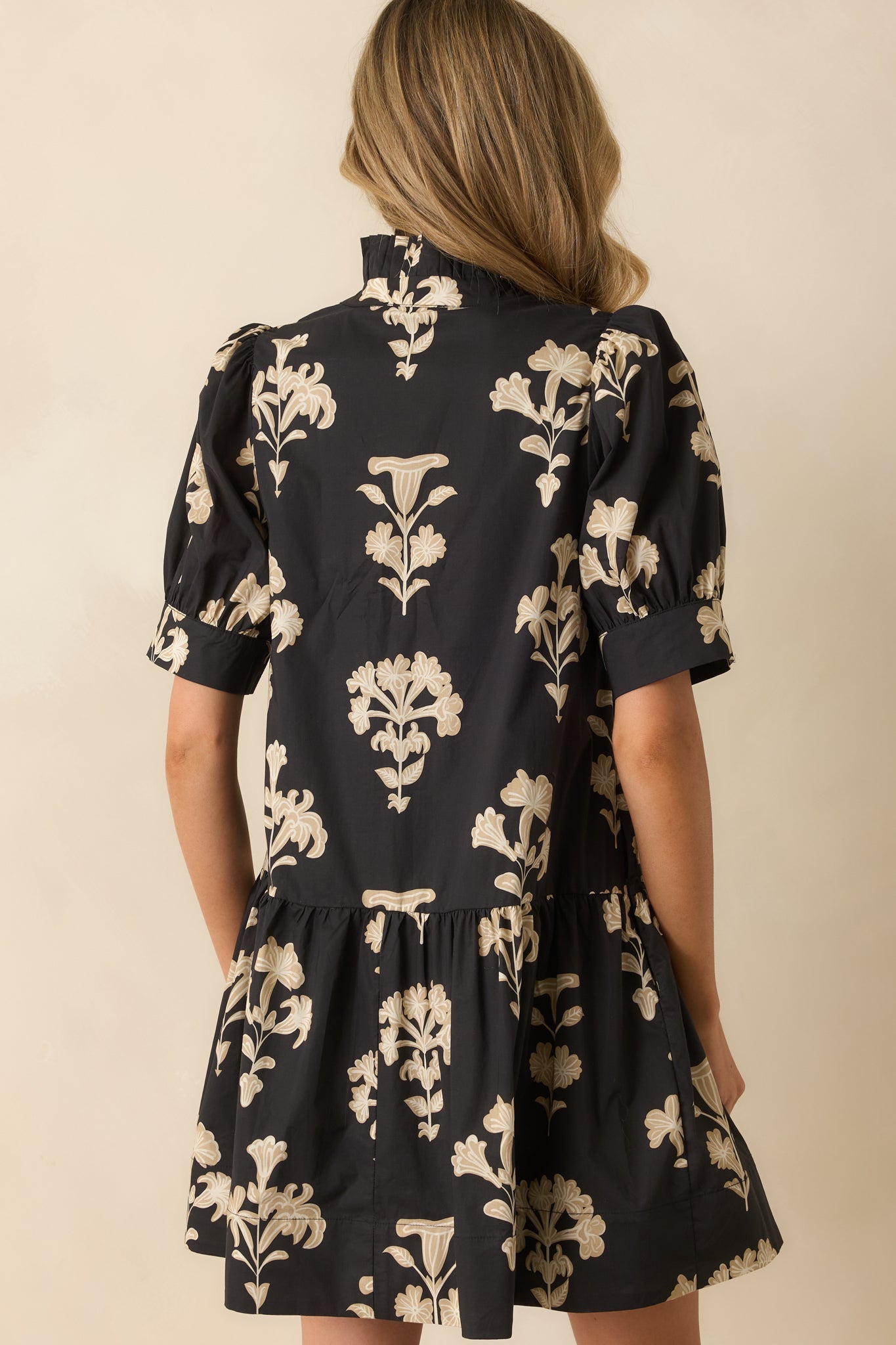 For Another Day Black Floral Print Cotton Puff Sleeve Mini Dress