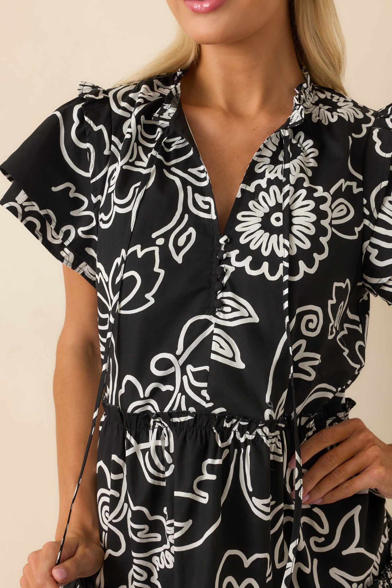 Go Your Way Black Floral Print Cotton Flutter Sleeve Mini Dress