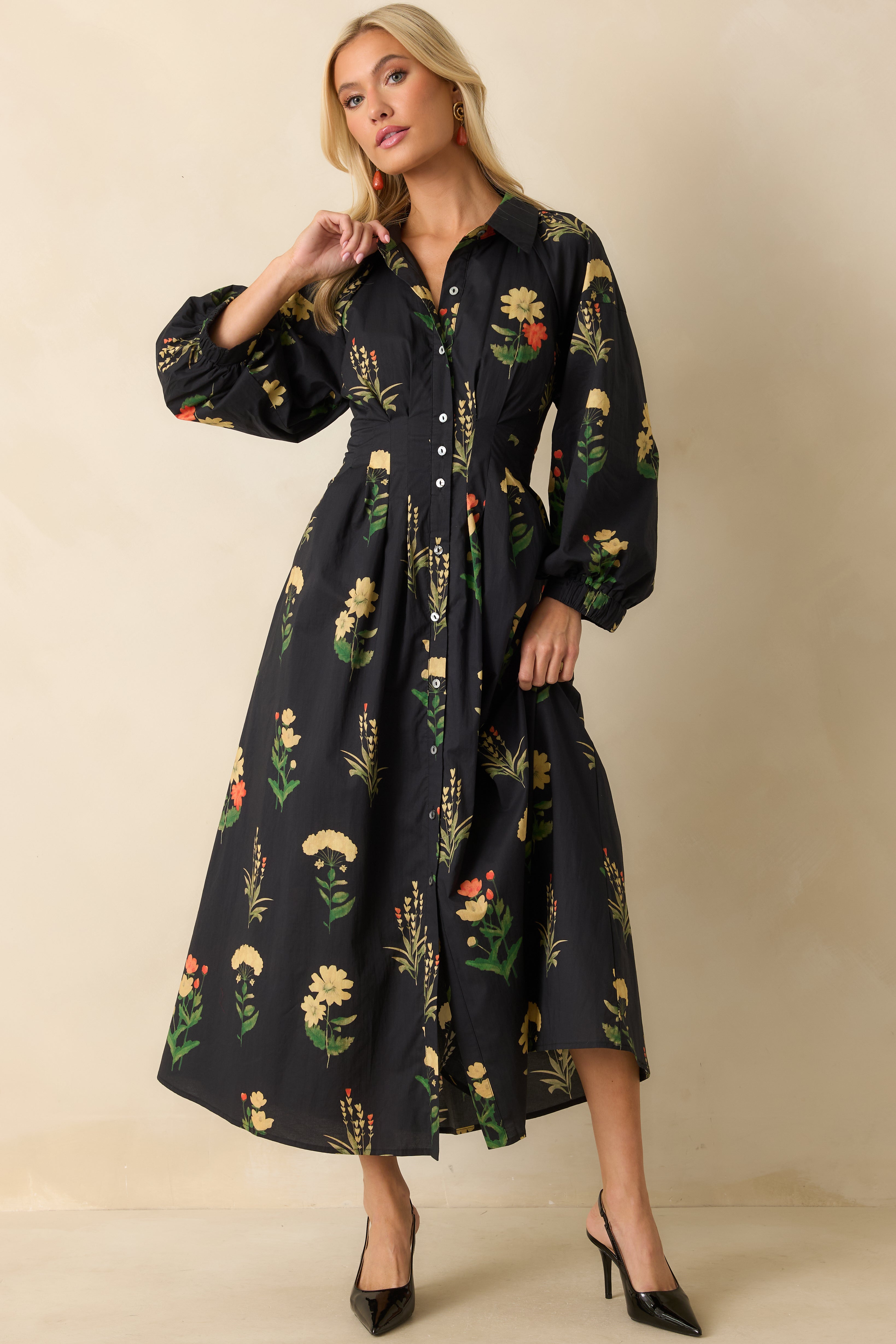 Endlessly Charmed Black Multi Floral Print Cotton Button Front Maxi Dress