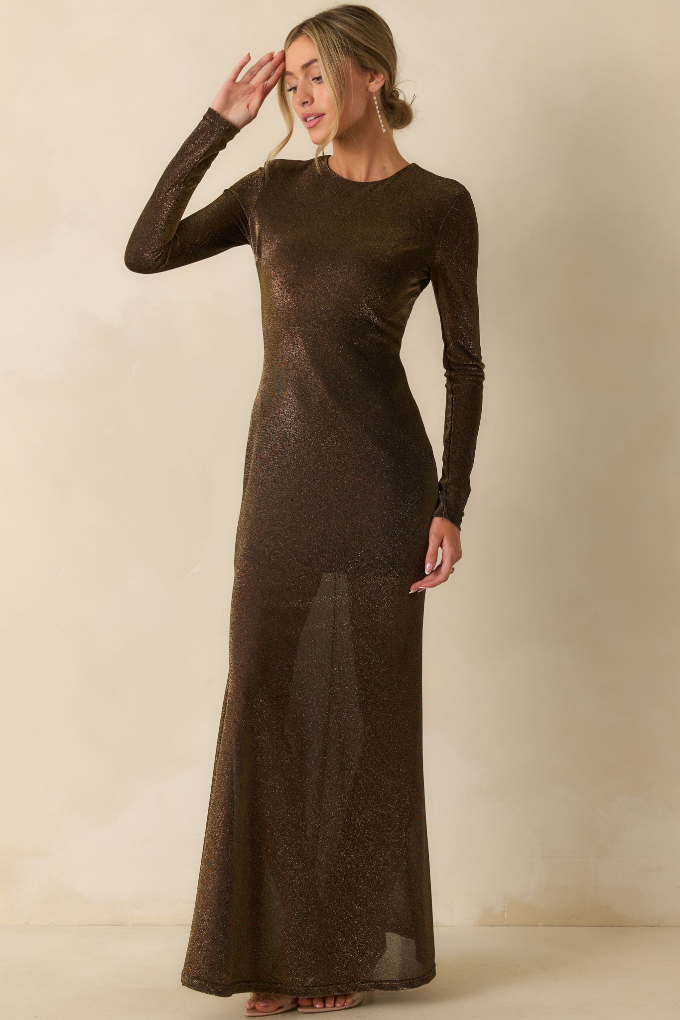 Veil of Light Black & Gold Long Sleeve Metallic Maxi Dress