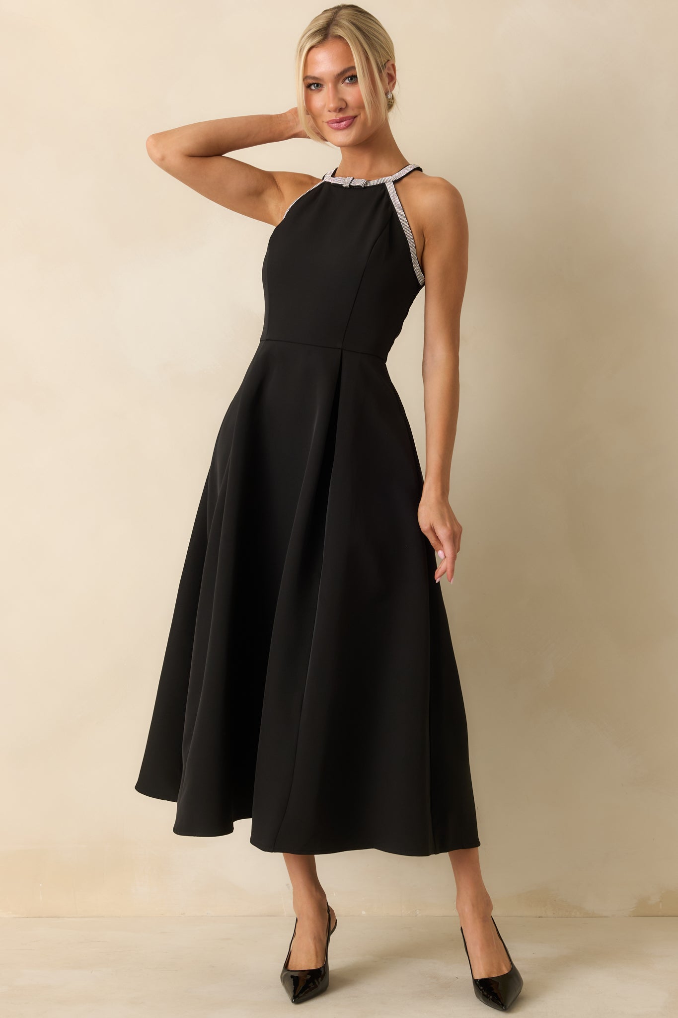 Edge of Glam Black Rhinestone Trim Midi Dress