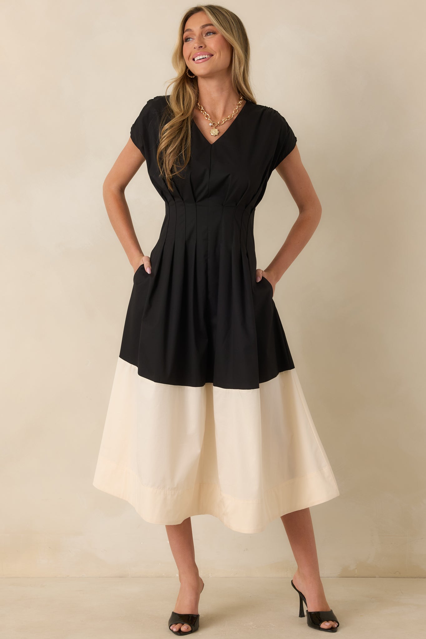Stark Differences Black & Ivory Contrast Pleated Midi Dress