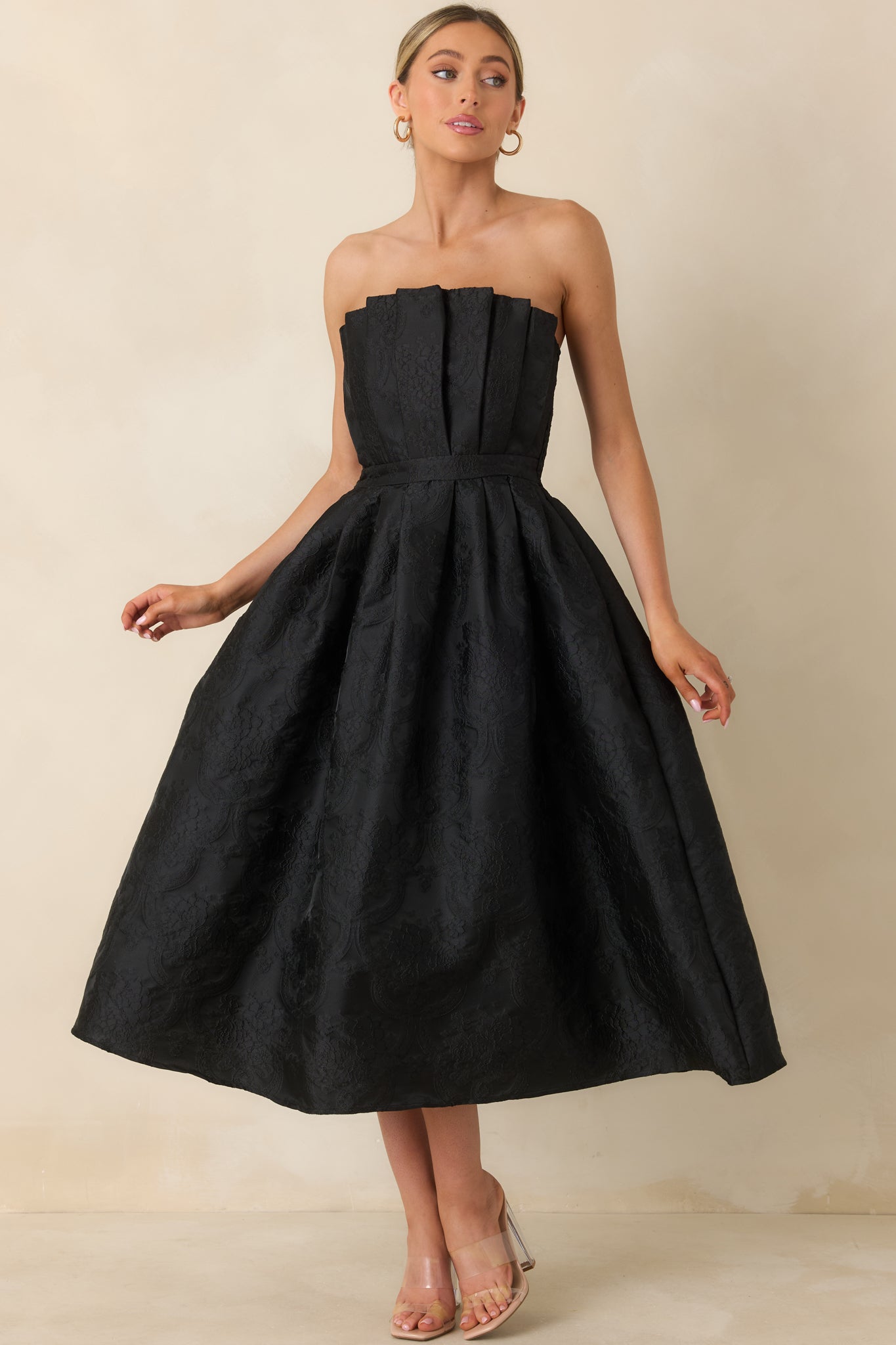 The Genevieve Black Jacquard Strapless Midi Dress