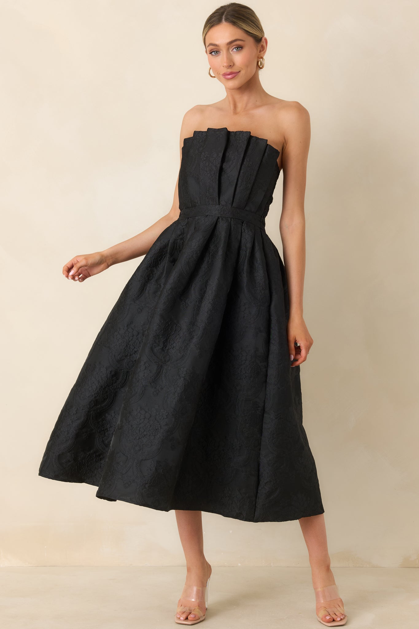 The Genevieve Black Jacquard Strapless Midi Dress
