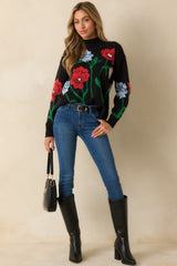 Garden Stroll Black Multi Floral Knit Sweater