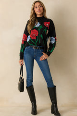 Garden Stroll Black Multi Floral Knit Sweater