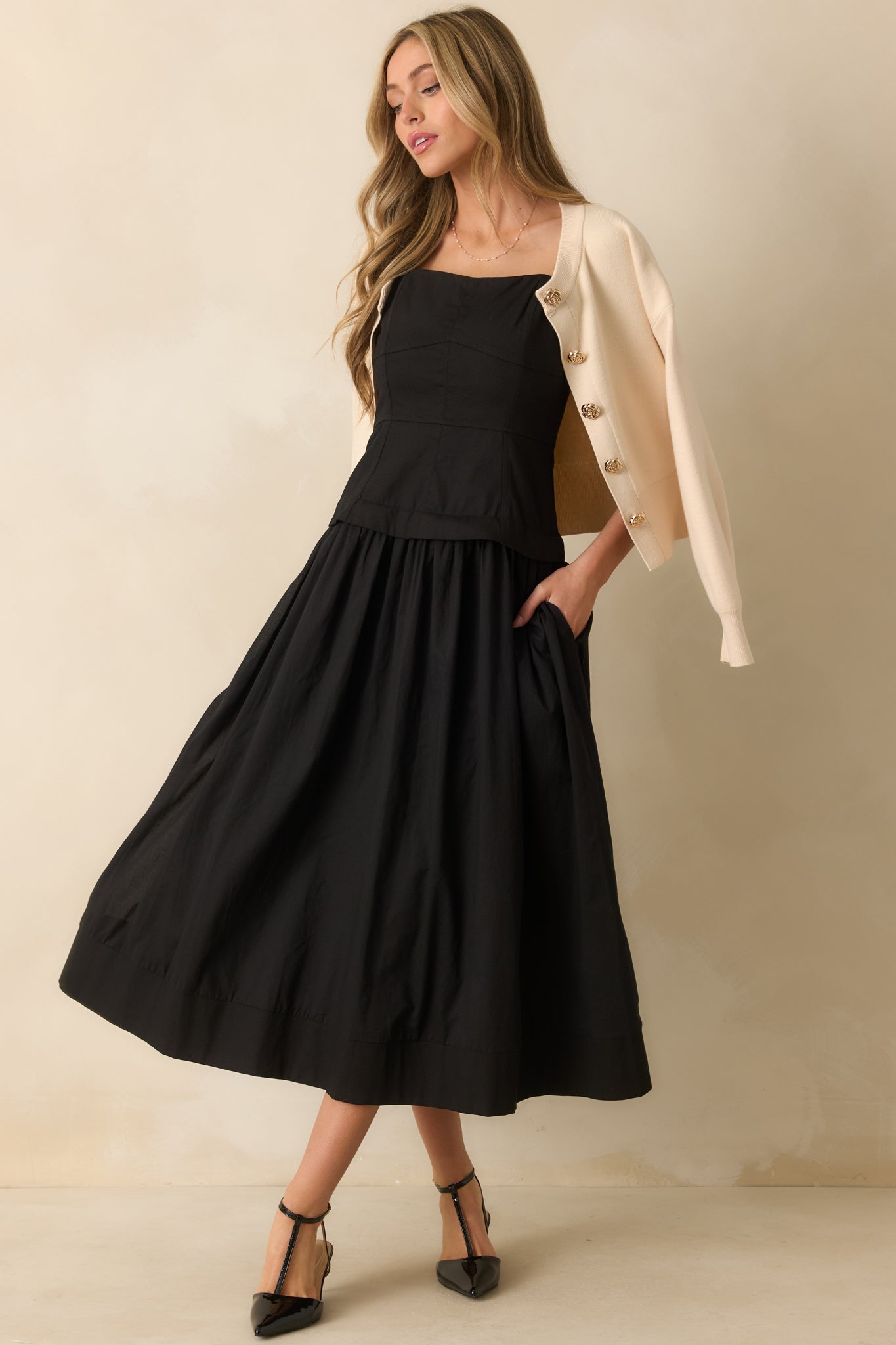You Already Know Black Cotton Bustier Bodice Midi Dress