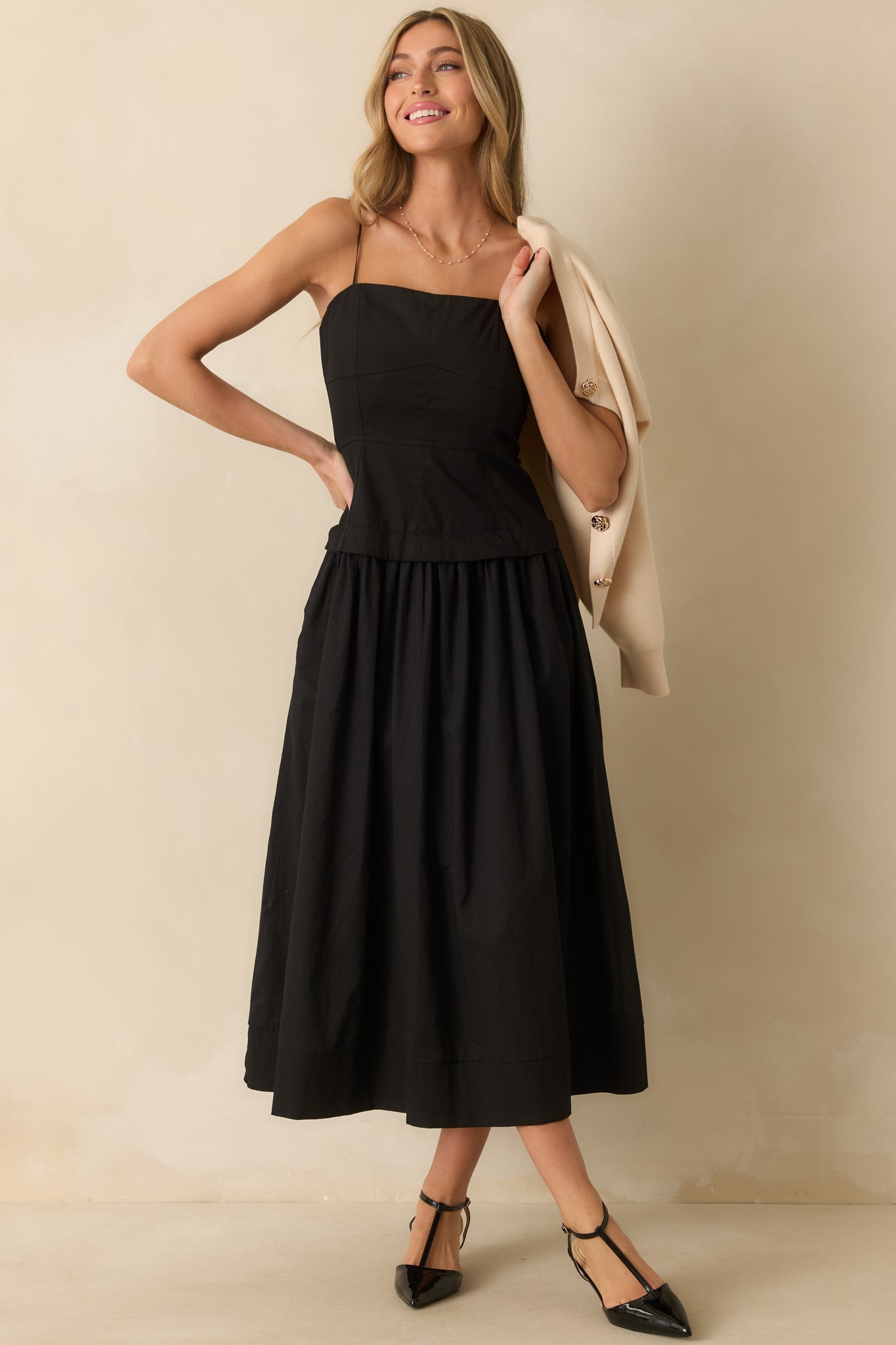 You Already Know Black Cotton Bustier Bodice Midi Dress