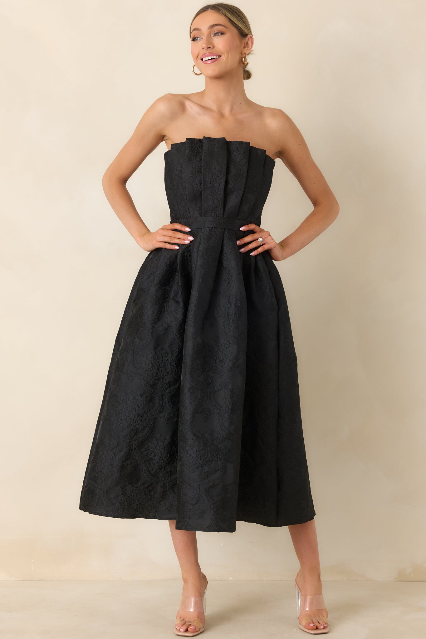 The Genevieve Black Jacquard Strapless Midi Dress
