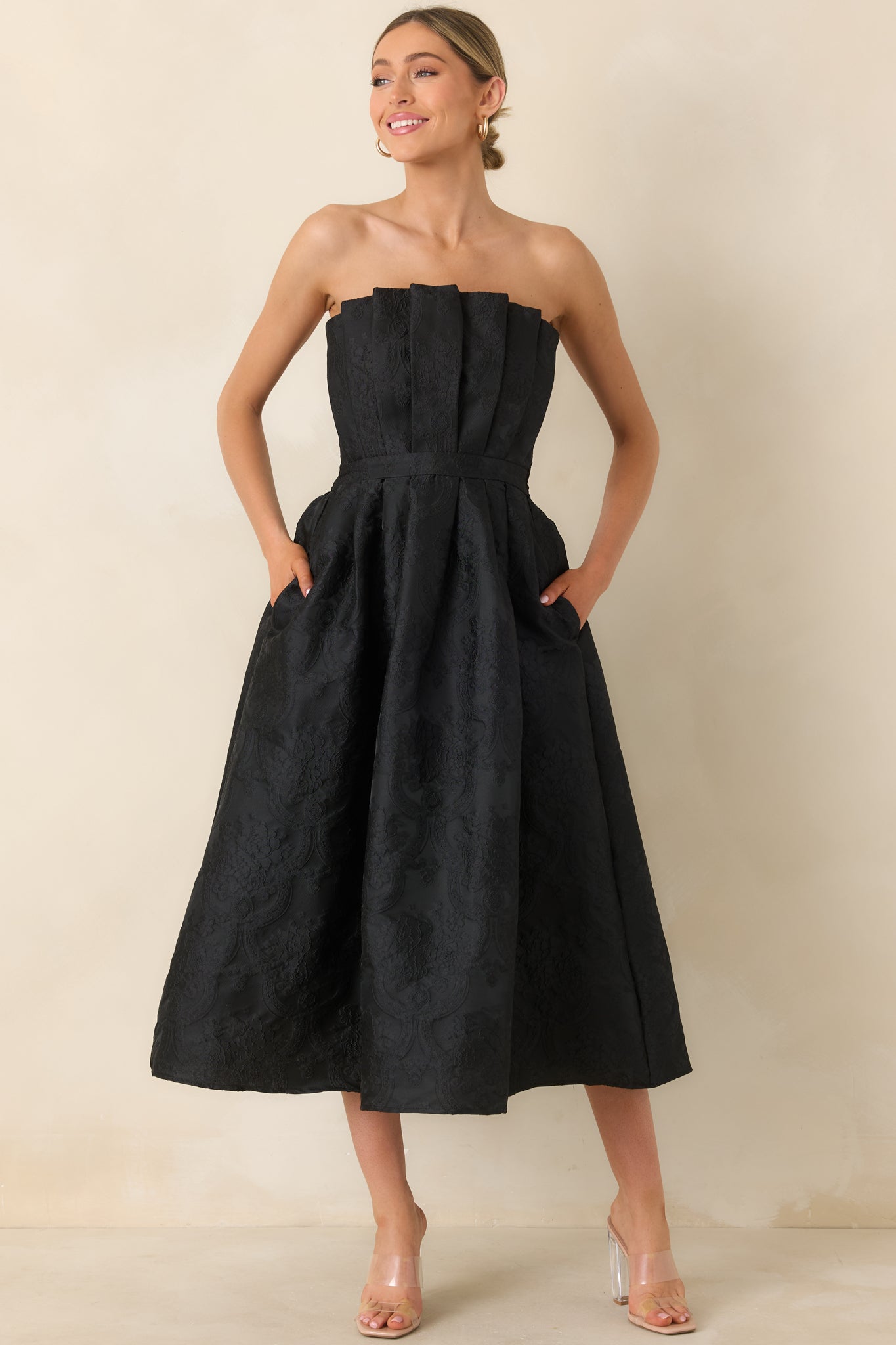 The Genevieve Black Jacquard Strapless Midi Dress