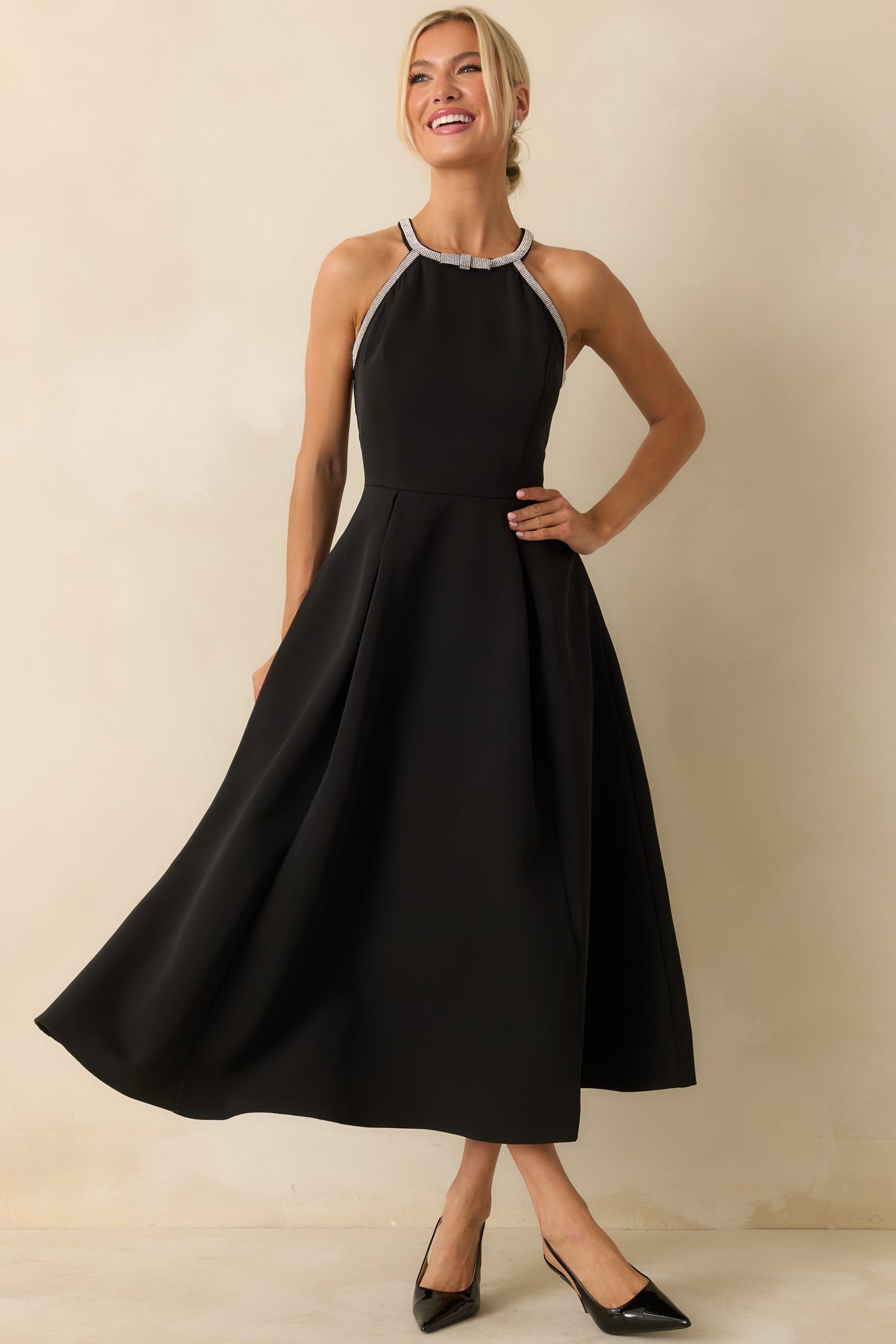 Edge of Glam Black Rhinestone Trim Midi Dress