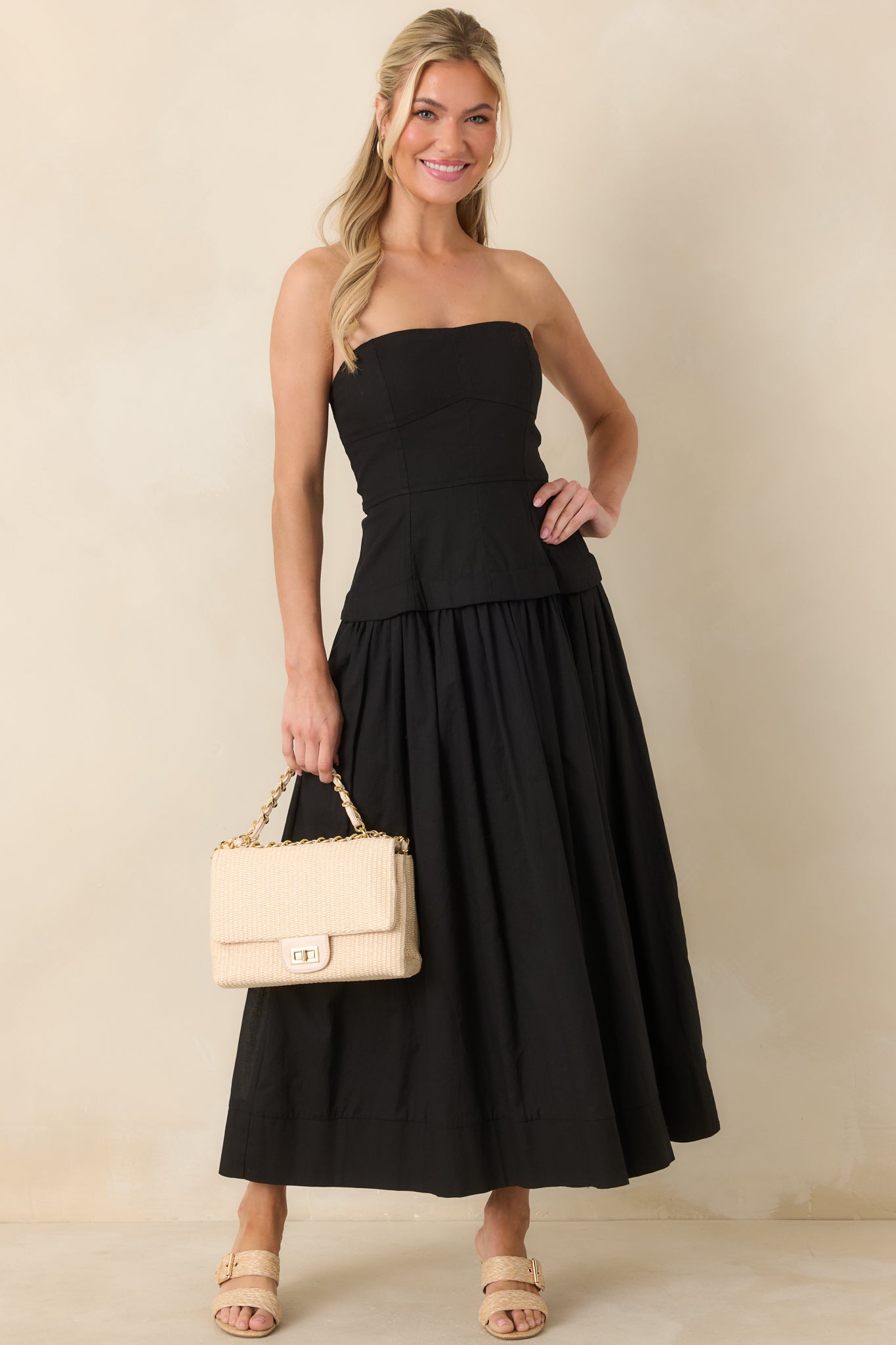 You Already Know Black Cotton Bustier Bodice Midi Dress