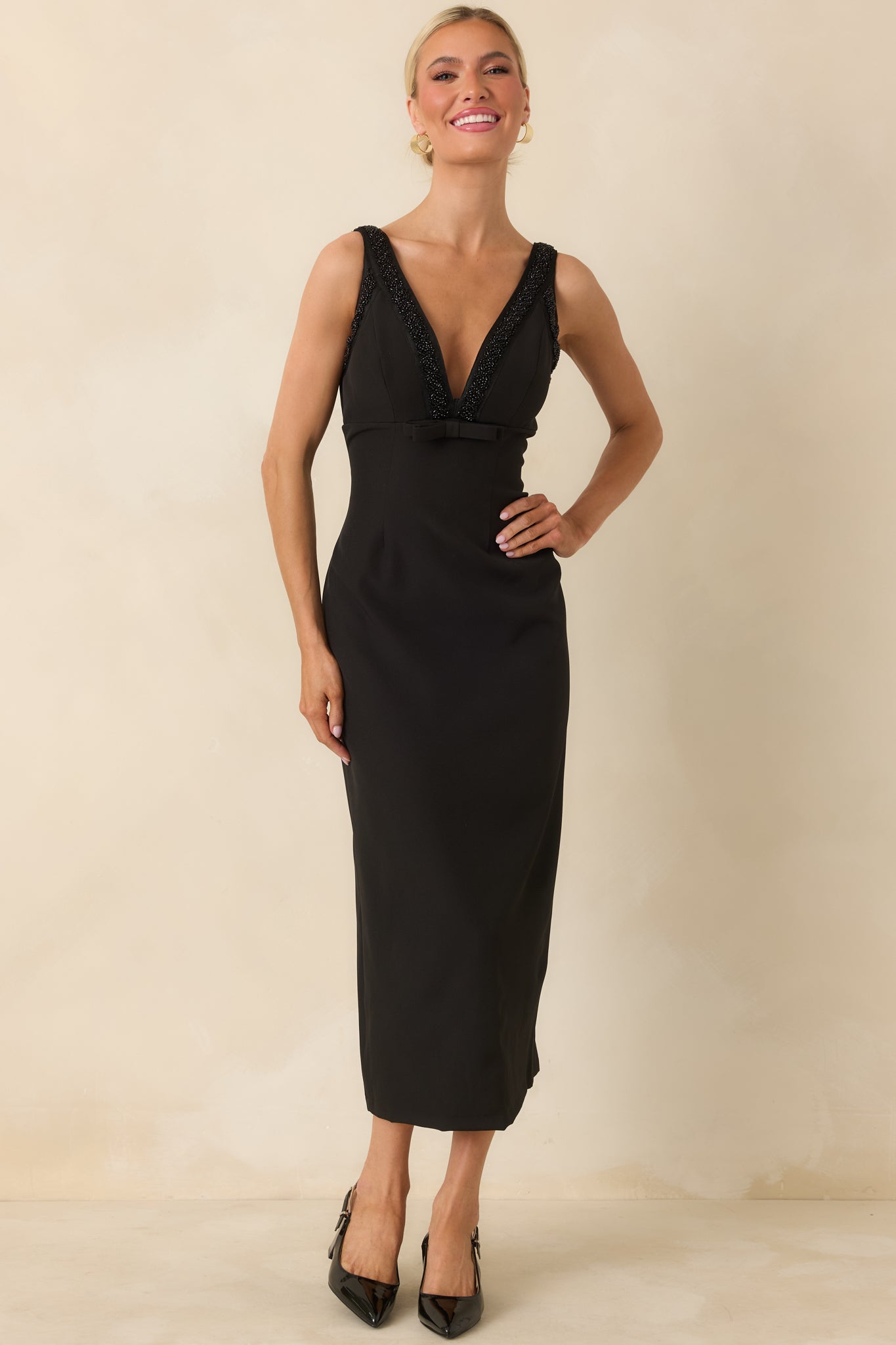 With You In Mind Black Beaded V-Neck Midi Dress