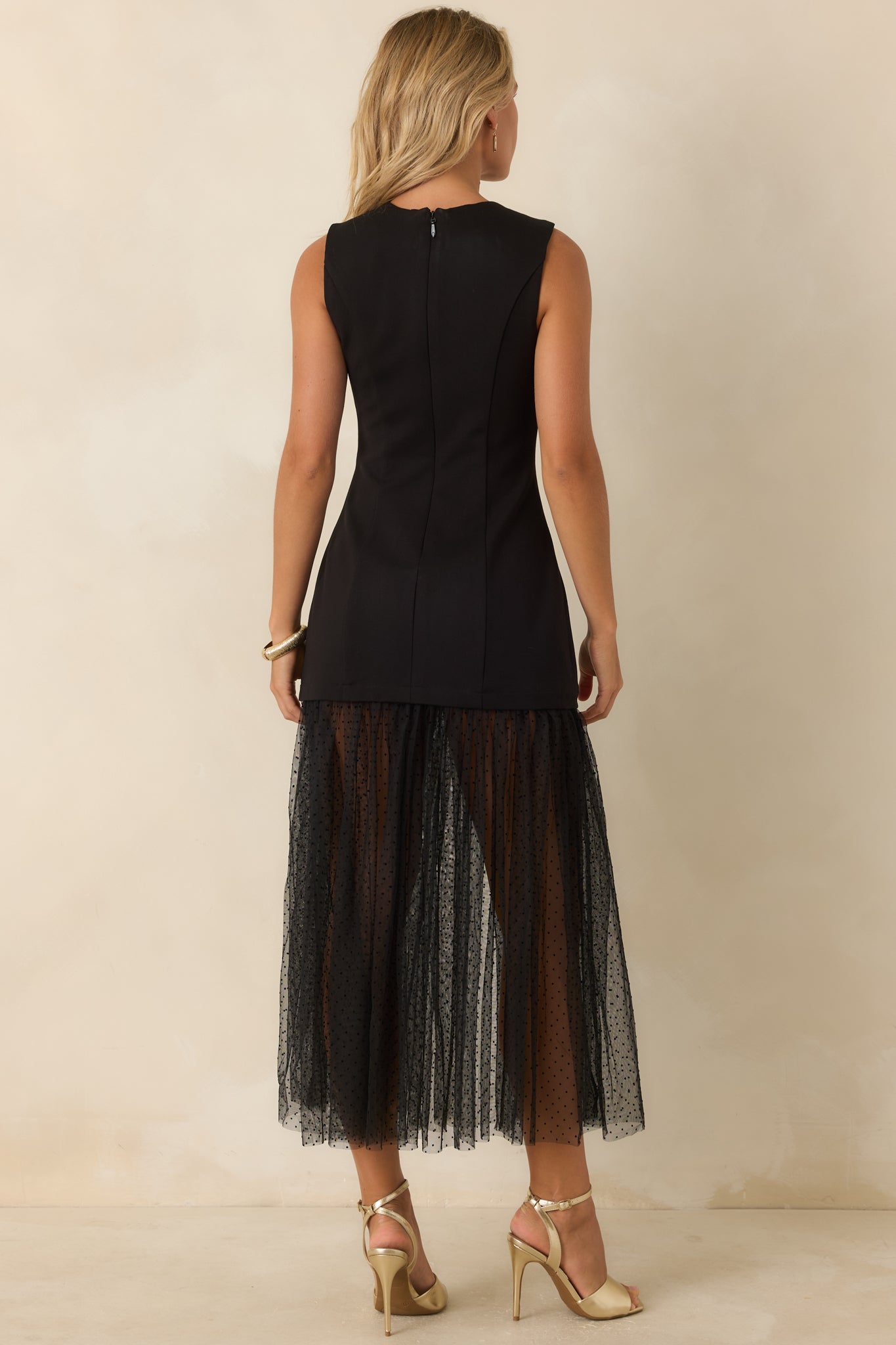 Dancing After Dark Black Swiss Dot Mesh Hem Midi Dress