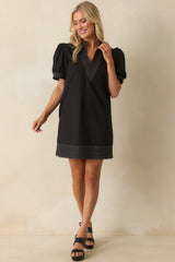 Took The Right Turn Black Cotton Puff Sleeve Mini Dress