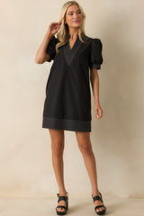 Took The Right Turn Black Cotton Puff Sleeve Mini Dress