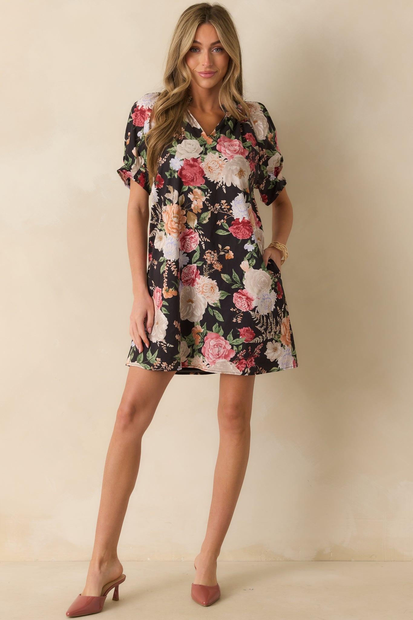 Over The Hillside Black Multi Floral Print Cotton Mini Dress